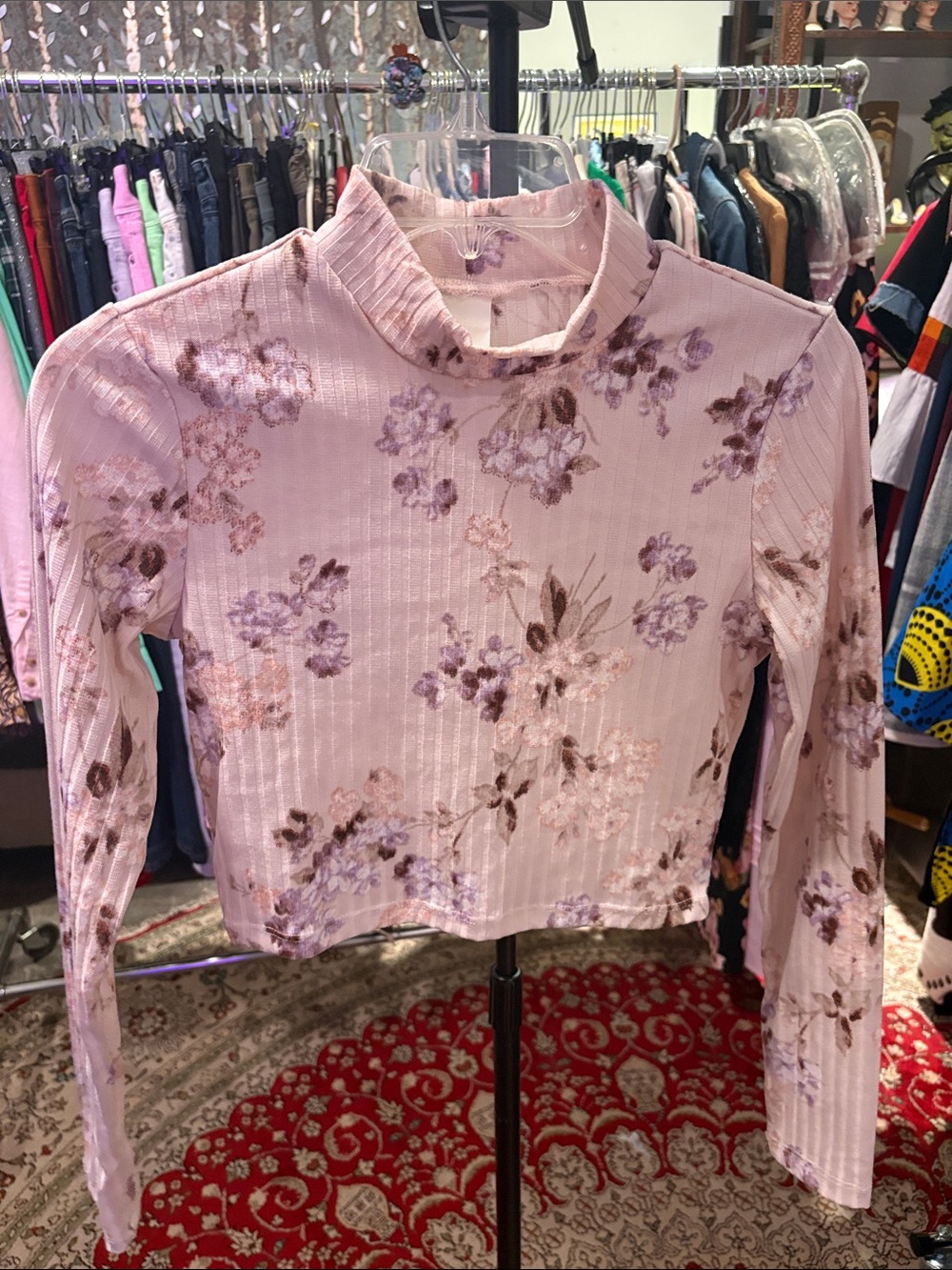 H&M Pink Floral Mock Neck Long Sleeve Top